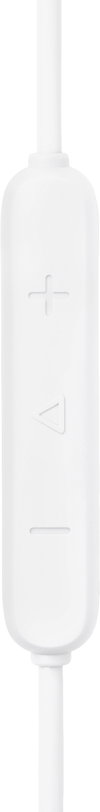Une télécommande blanche en ligne avec un symbole plus, triangle et moins. Elle est connectée à des fils blancs, le tout sur fond noir.