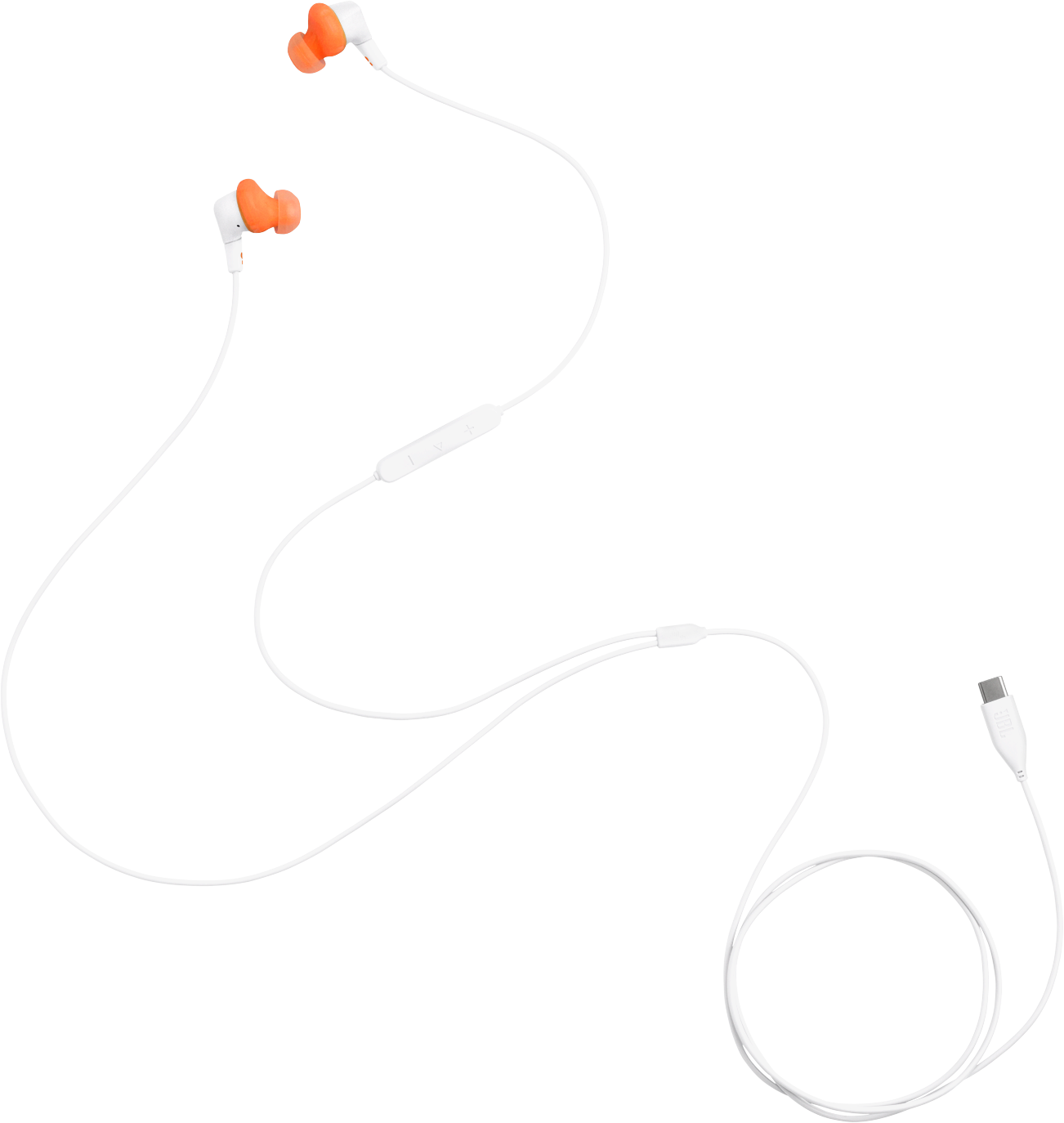 Écouteurs blancs avec embouts orange et câble blanc, connectés à un connecteur USB-C, sur fond noir.