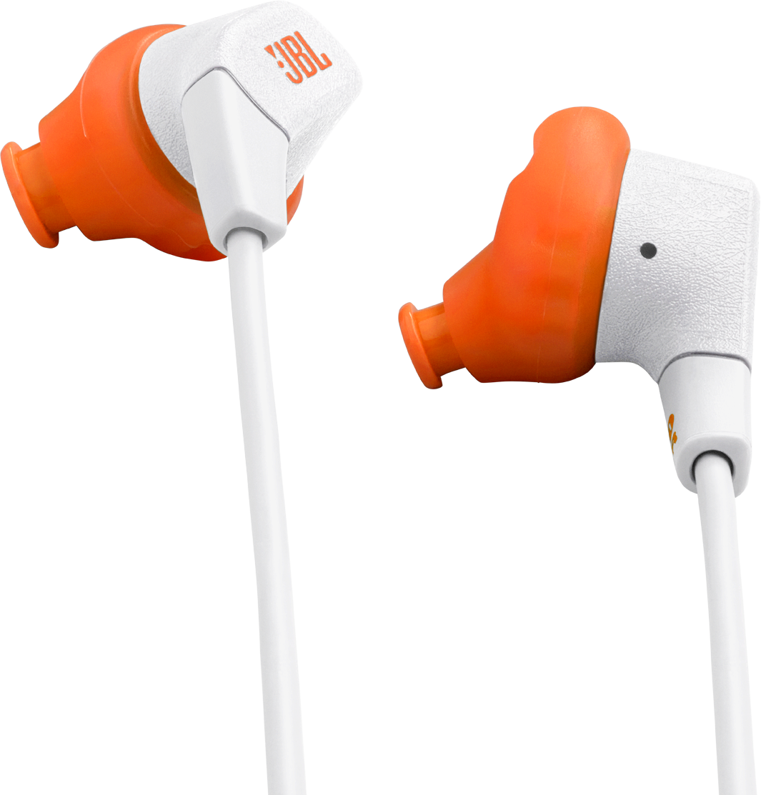 Paire d'écouteurs JBL orange et blancs. Les écouteurs ont des cordons blancs, avec le logo JBL visible sur le boîtier.