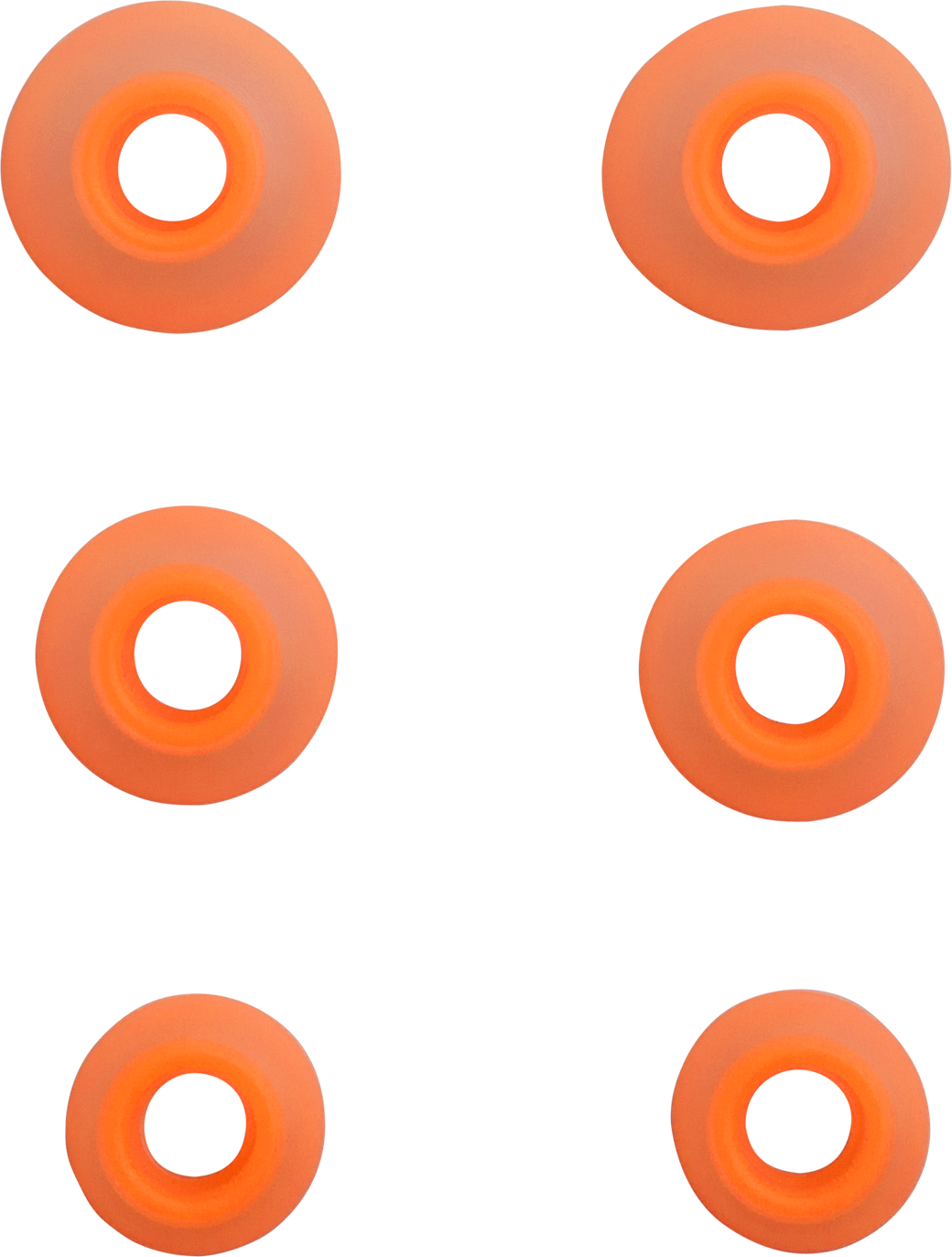 Six embouts d'écouteurs orange sur fond noir. Chaque embout a un centre orange creux et un anneau extérieur orange opaque plus large.