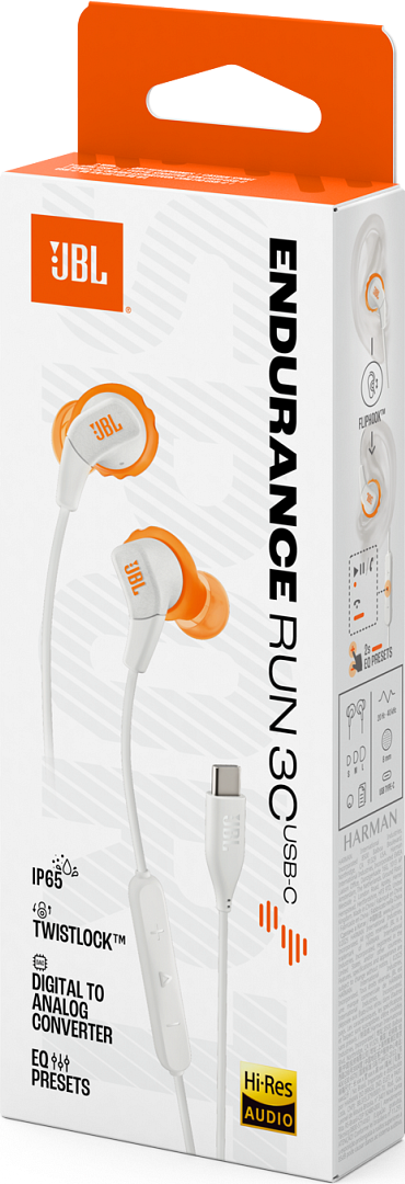 Boîte d'écouteurs JBL Endurance Run 3C USB-C. Écouteurs blancs avec des accents orange. Boîte blanche avec des accents orange et des informations sur le produit.