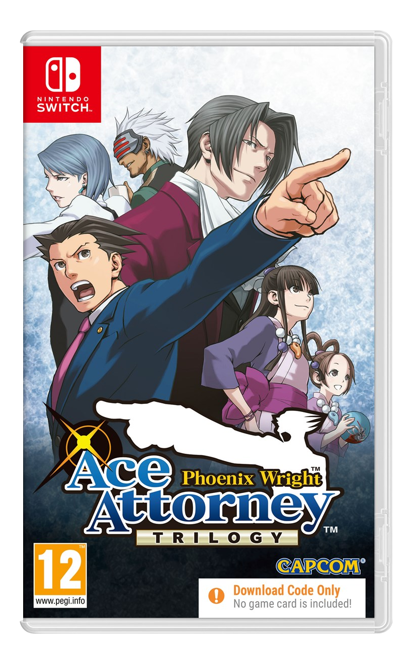 Jaquette du jeu Ace Attorney Trilogy. Comprend plusieurs personnages pointant du doigt. Logo Nintendo Switch en haut à gauche.