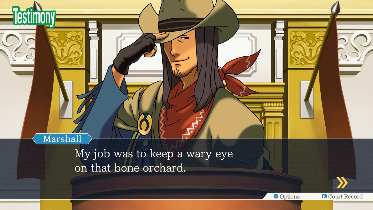 Un homme en chapeau de cowboy dans une salle d'audience. Il touche son chapeau. La boîte de texte dit : « Mon travail était de garder un œil vigilant sur ce verger d'os ».