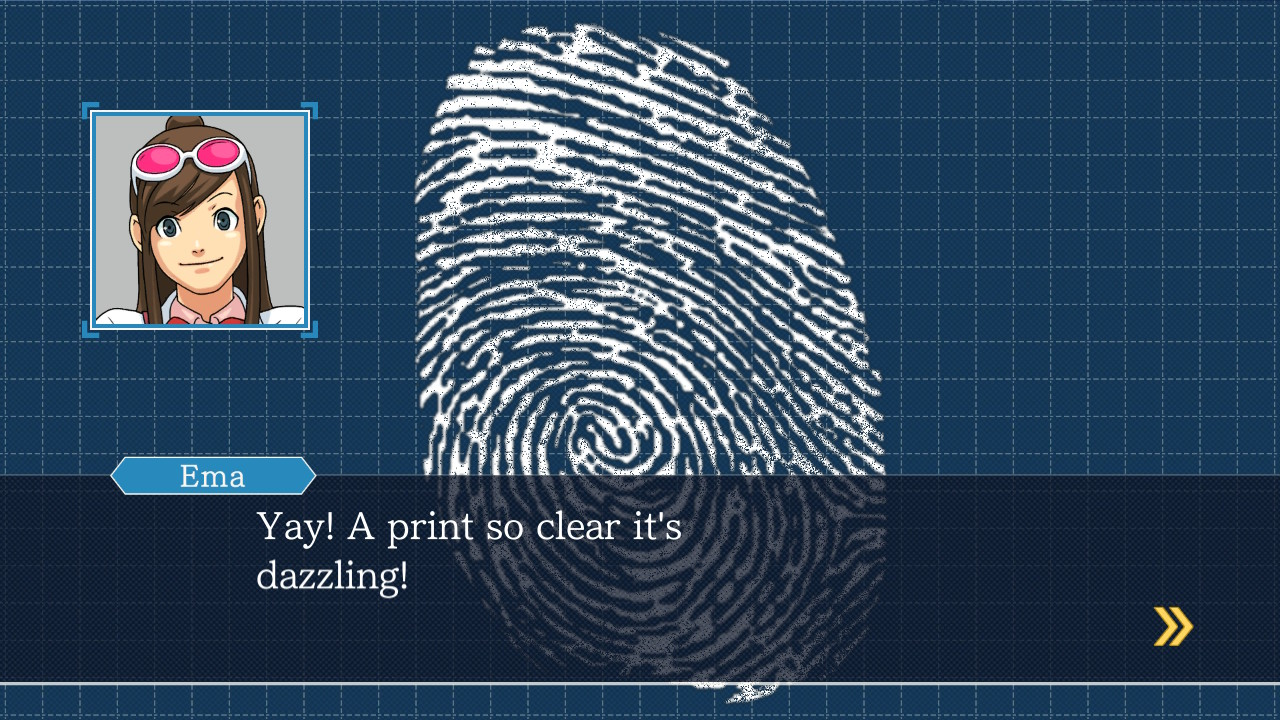 Une empreinte digitale est affichée sur un fond bleu. Un portrait de personnage est à gauche. Le texte dit : 'Yay ! Une empreinte si claire qu'elle éblouit !'