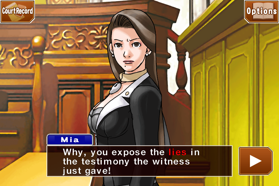 Mia dans une salle d'audience, parle. Elle a les cheveux noirs et porte un costume noir. Le texte dit 'exposer les mensonges'.