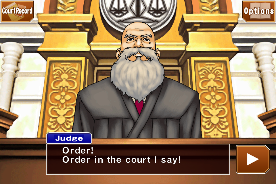 Le juge, avec une barbe blanche, est dans une salle d'audience. Une bulle de dialogue dit : "Ordre ! Ordre au tribunal, je dis !"