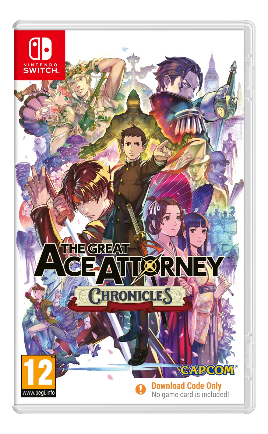 La jaquette du jeu The Great Ace Attorney Chronicles avec plusieurs personnages d'anime, une figure centrale pointant et le logo Nintendo Switch.