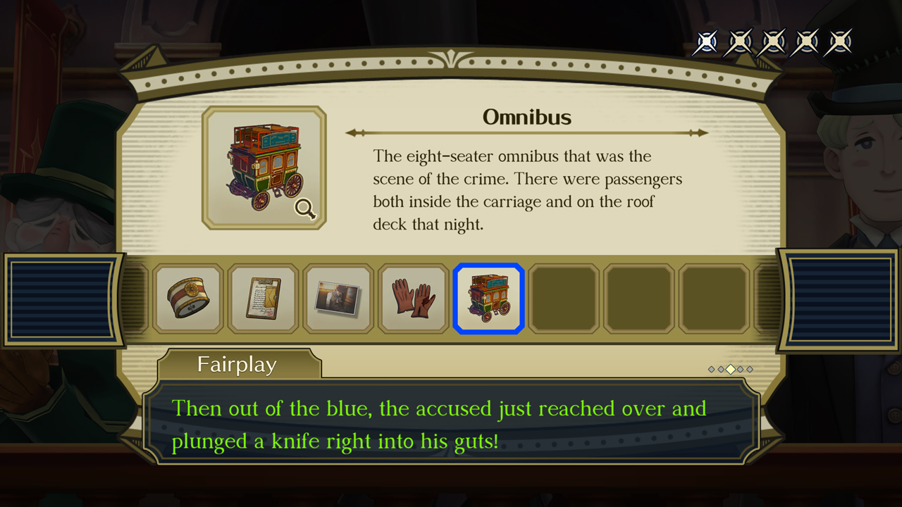 L'image montre une interface de jeu avec une boîte de dialogue et une illustration d'omnibus. Le texte détaille la scène de crime dans le bus.