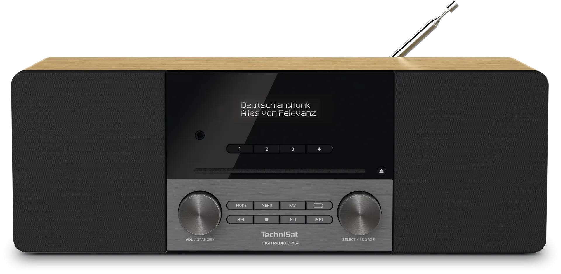 Ein TechniSat Digiradio. Es hat eine schwarze Front mit Bildschirm, Knöpfen und Reglern. Eine silberne Antenne ragt heraus.