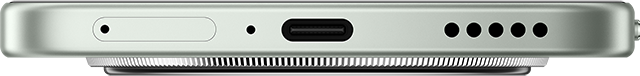 Egy telefon alsó szélének közeli képe. Tartalmaz hangszórót, mikrofont, USB-C portot és más nyílásokat, mind világos színben.