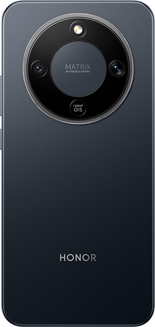 Egy sötétkék telefon hátulja, kiemelkedő kameramodullal, több lencsével és az HONOR logóval.