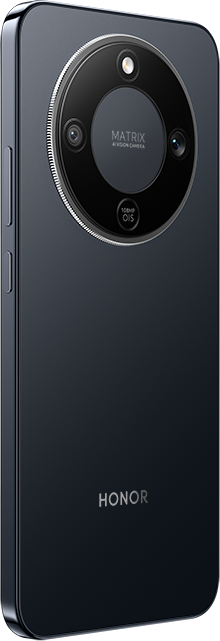 Sötétkék Honor telefon hátlapja. Nagy kameramodul, több lencsével. Honor logó alul. Elegáns, modern dizájn.