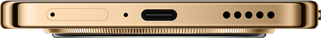 Arany óra alja lyukakkal, USB-C porttal és mikrofonnal. Arany színű alja fekete szegéllyel.