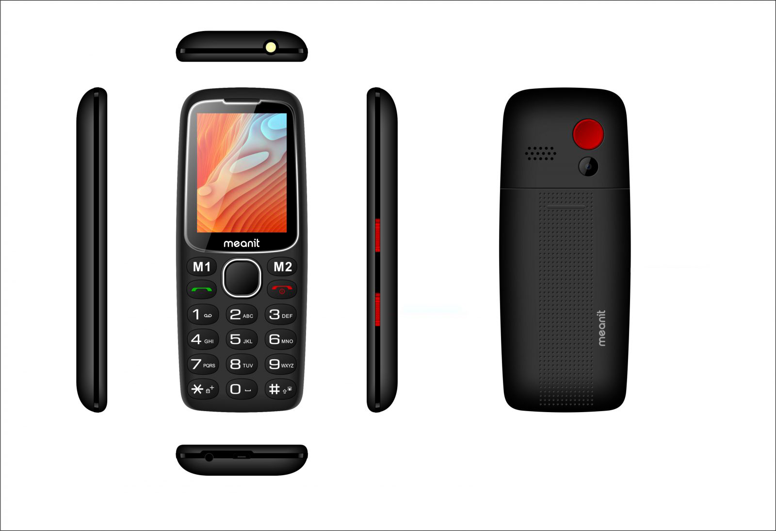 Egy fekete mobiltelefon, absztrakt képpel a képernyőn. A telefont több szögből mutatják.