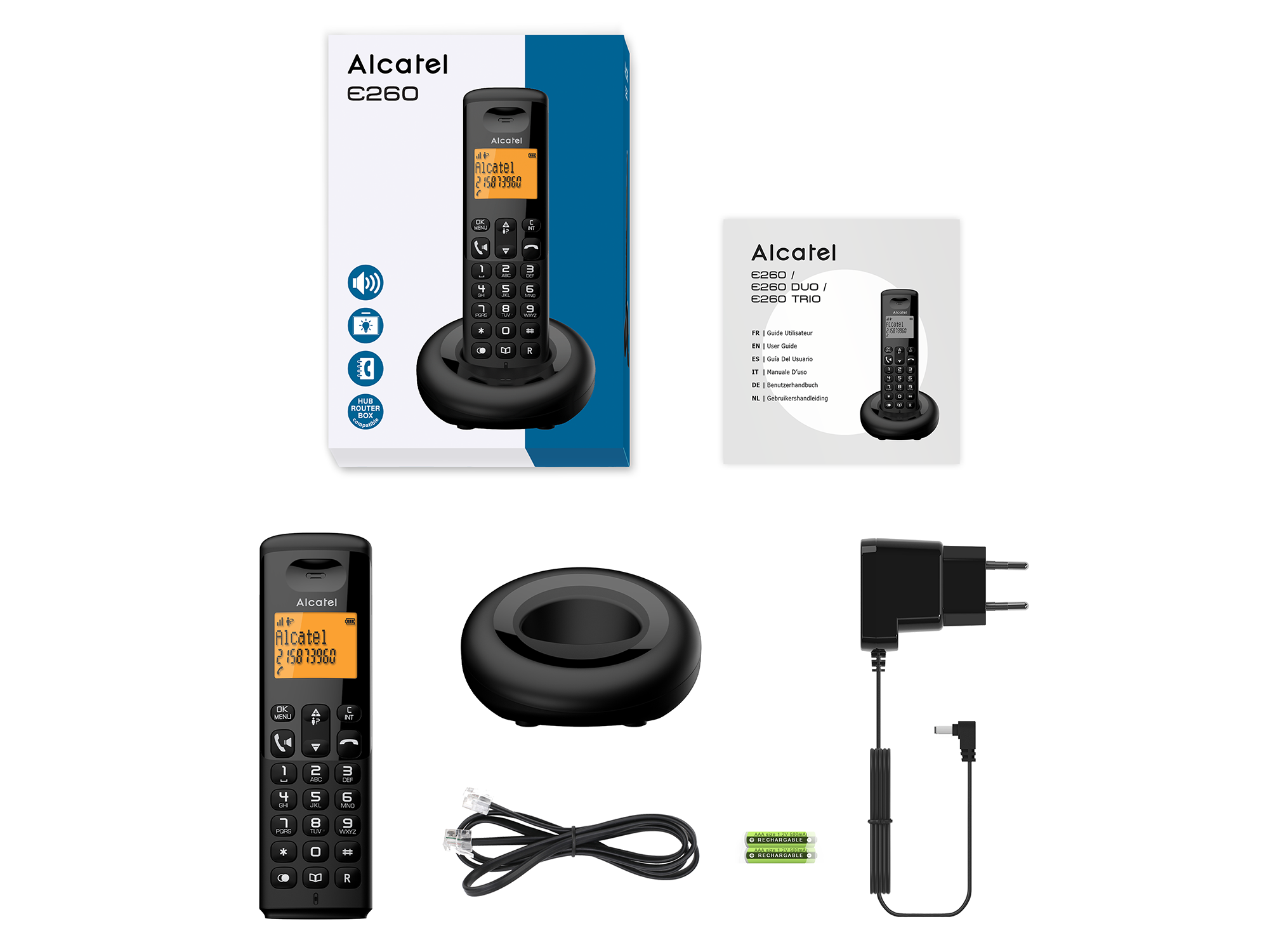 A képen egy Alcatel e260 telefon, doboz és tartozékok láthatók. Tartalmazza az alapot, töltőt, elemeket és a kézikönyvet.
