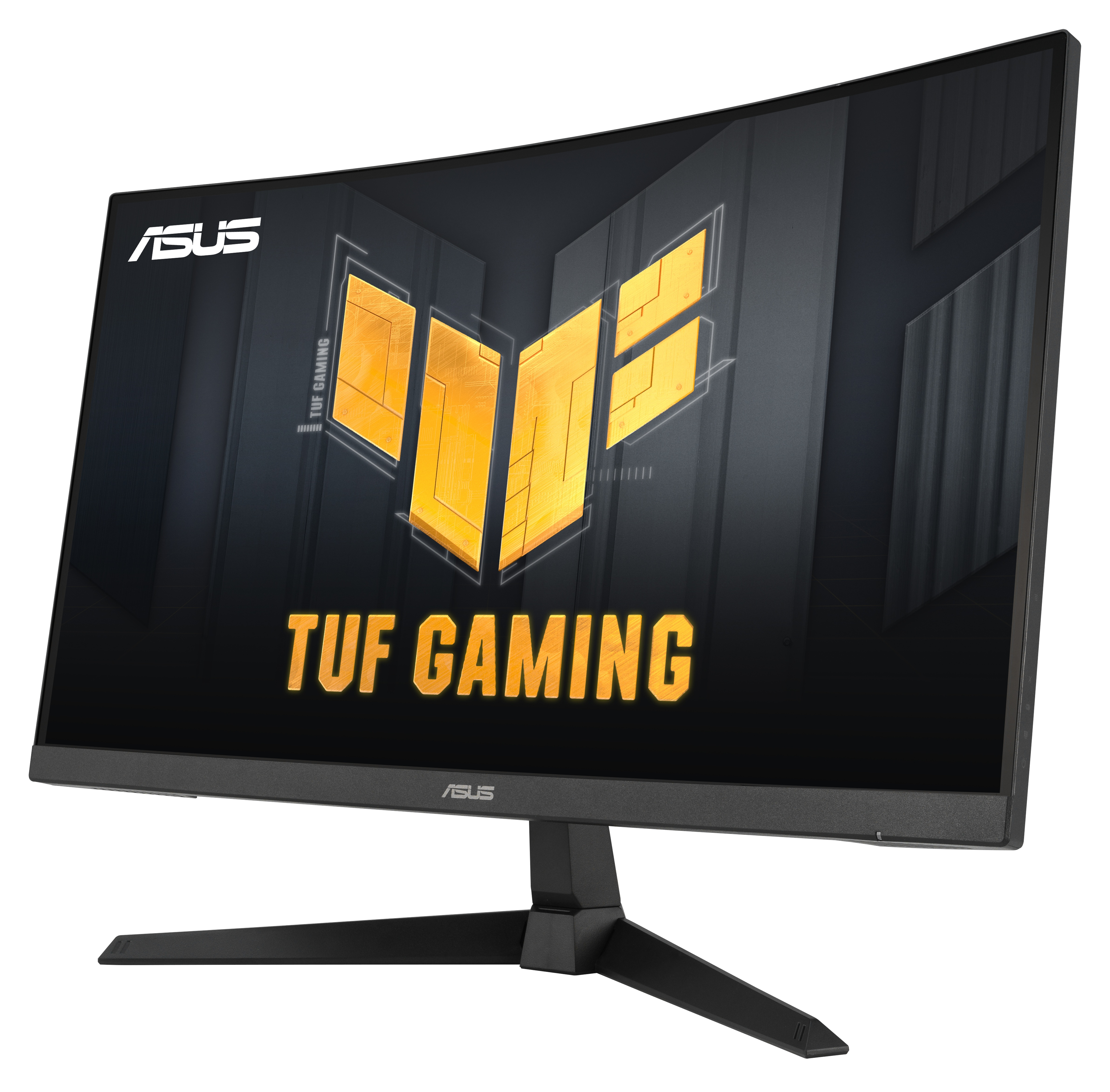 Zakrzywiony czarny monitor z logo ASUS i TUF GAMING. Ekran wyświetla złoty wzór.