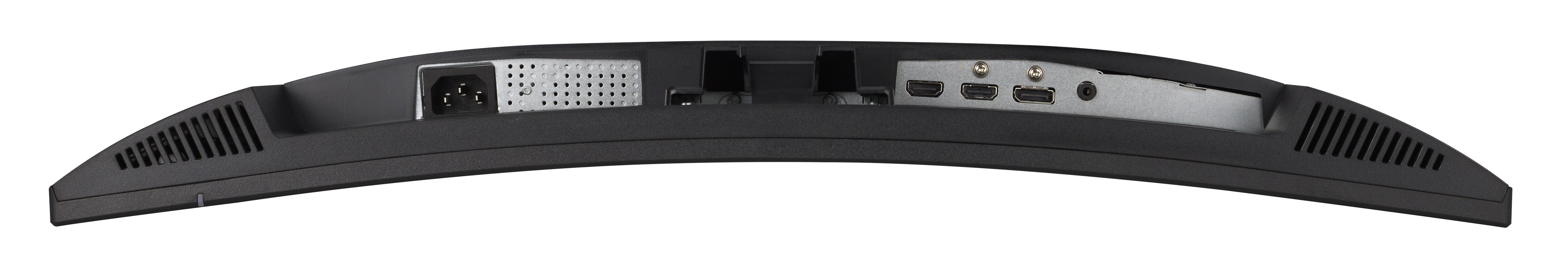 Tył czarnego zakrzywionego monitora z portami, wejściem zasilania i wentylacją. Monitor na białym tle.