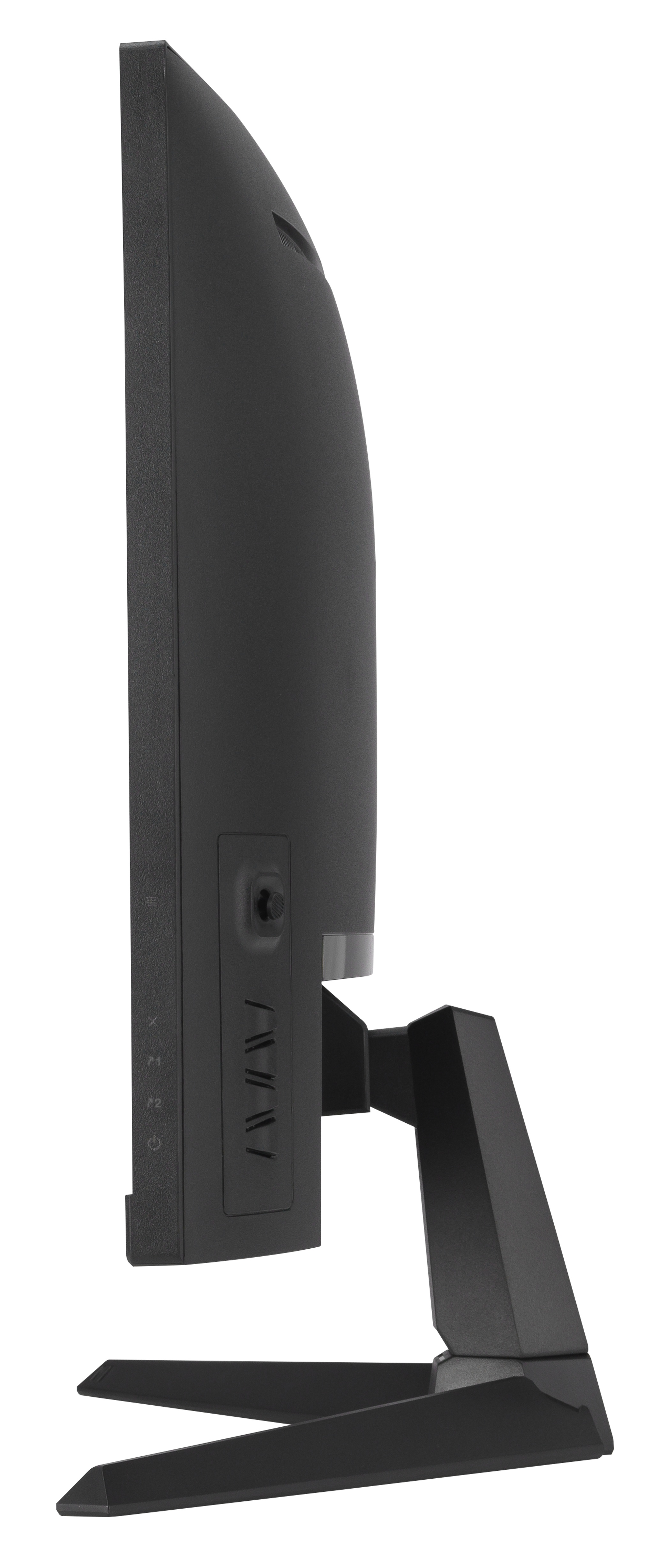 Widok z boku czarnego monitora komputera. Ekran jest zakrzywiony i ma podstawkę. Zawiera porty i przyciski.