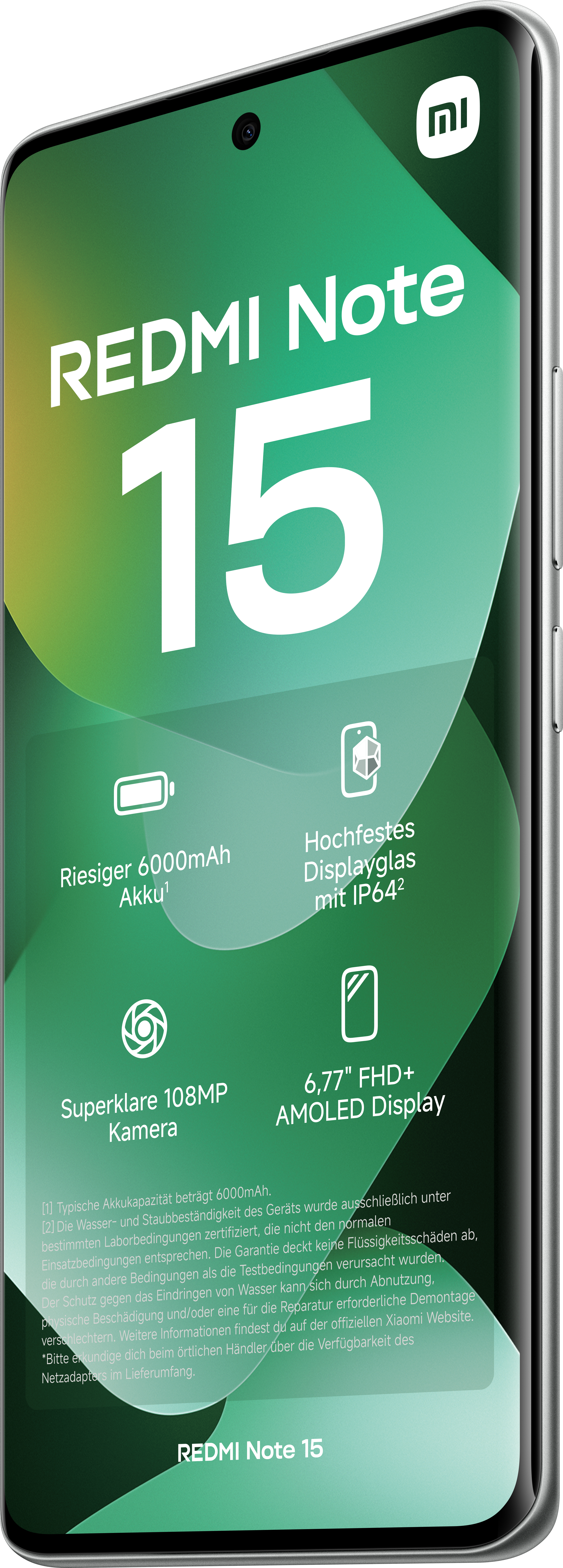 Eine Redmi Note 15-Telefonwerbung zeigt ihre Funktionen: großer Akku, langlebiges Display, hochauflösende Kamera und AMOLED-Display.