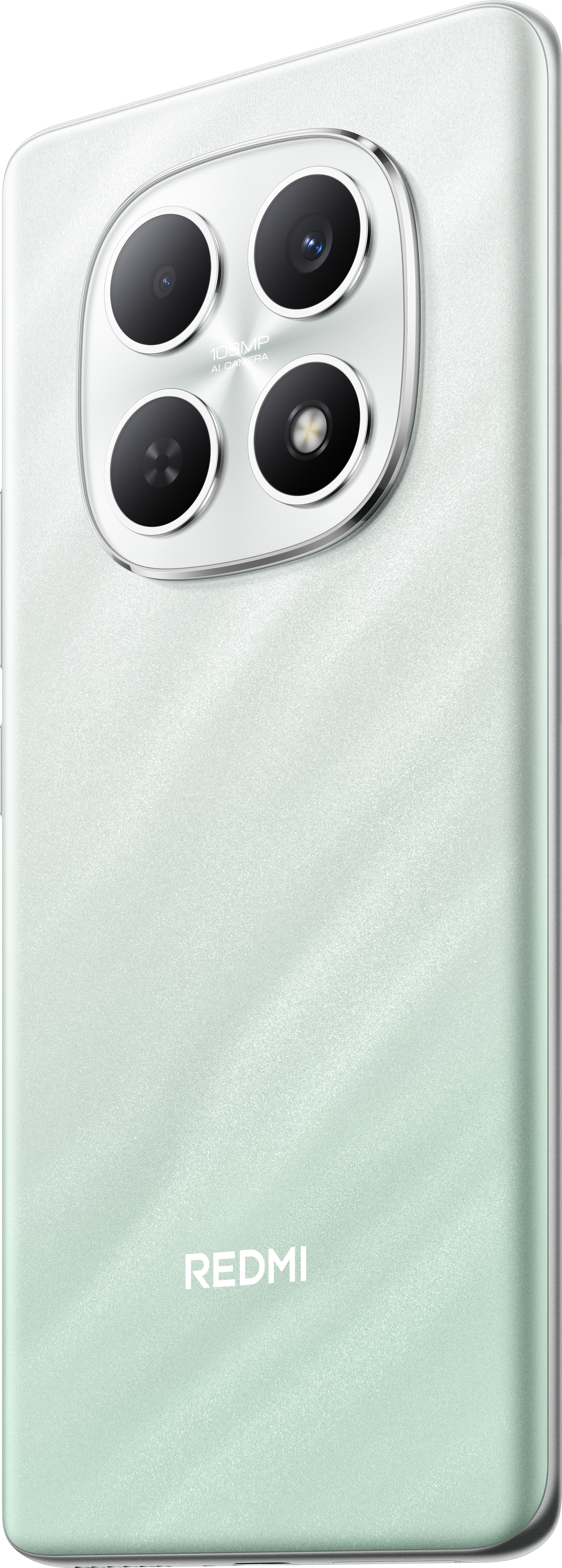 Die Rückseite eines hellgrünen Redmi-Smartphones mit vier Kameras. Das Redmi-Logo befindet sich unten.