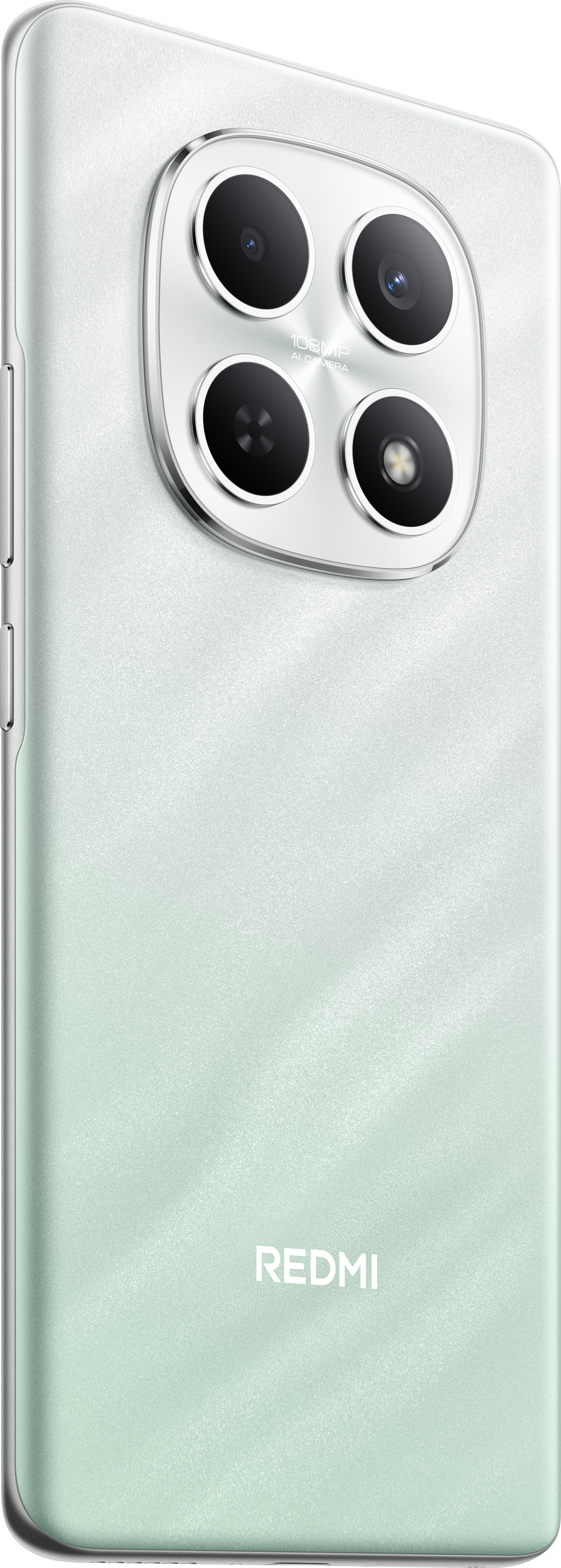 Eine mintgrüne Smartphone-Rückseite mit vier Kameras in einem Kreis und dem Logo 'REDMI' unten.