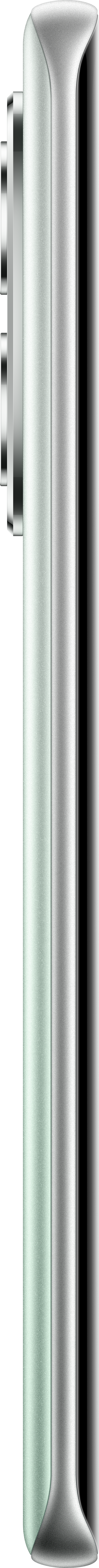 Vertikalbild der Seite eines Smartphones. Es hat ein hellgrünes und silbernes Farbschema mit schwarzem Hintergrund.