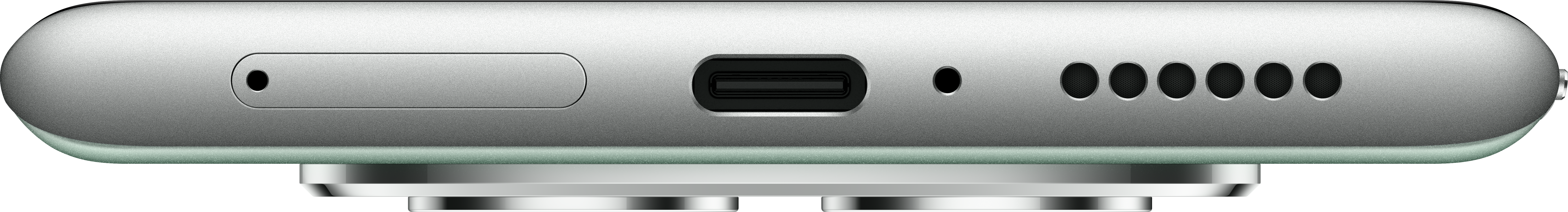 Nahaufnahme der Unterseite eines Telefons. Es zeigt einen SIM-Karten-Einschub, einen USB-C-Anschluss und Löcher.