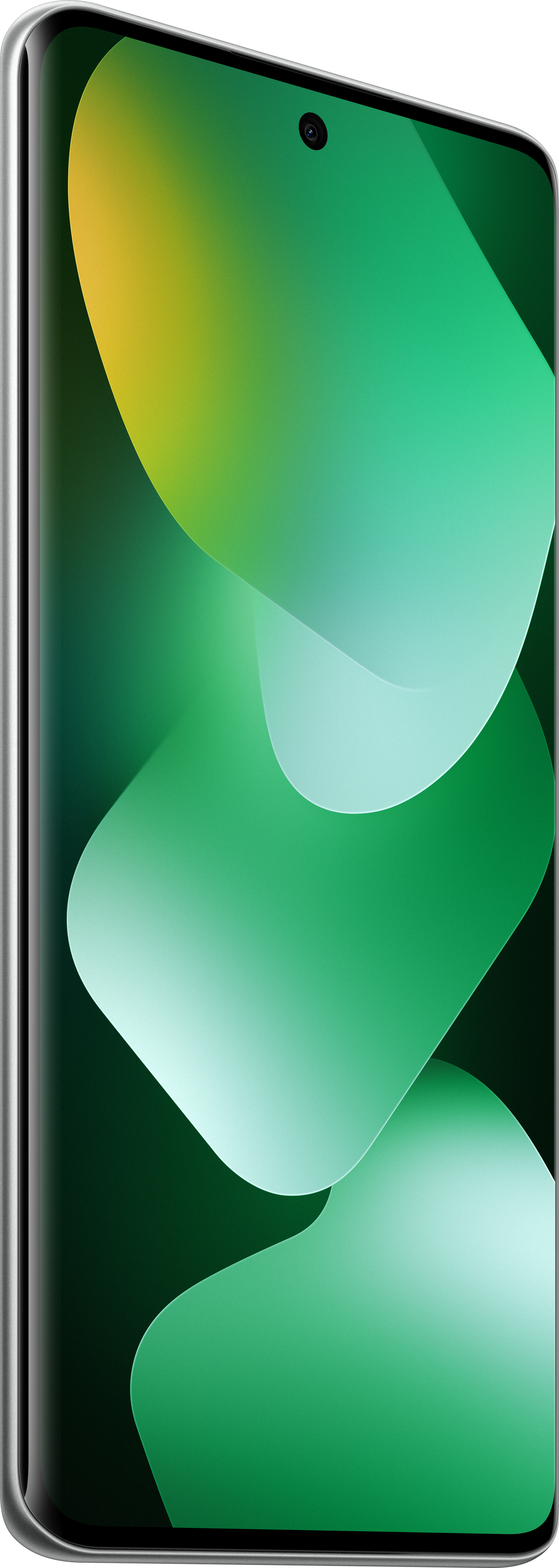 Ein Smartphone-Bildschirm zeigt einen grünen und gelben Farbverlauf-Hintergrund mit abstrakten Formen.