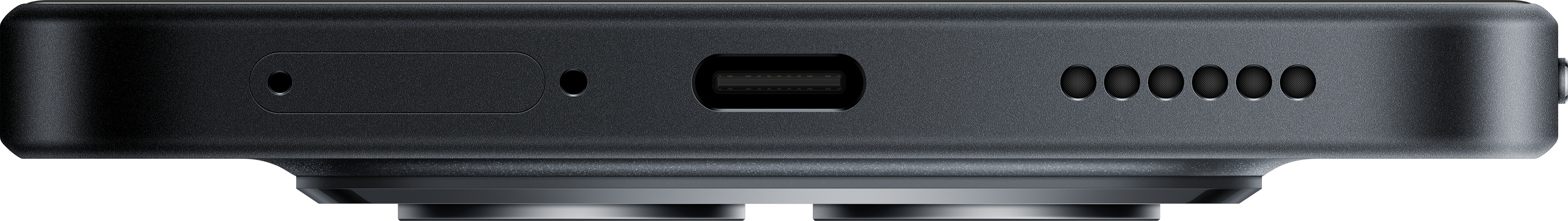 Primo piano del bordo inferiore di un dispositivo scuro. Ha una porta USB-C, un piccolo foro e una serie di fori di ventilazione circolari.