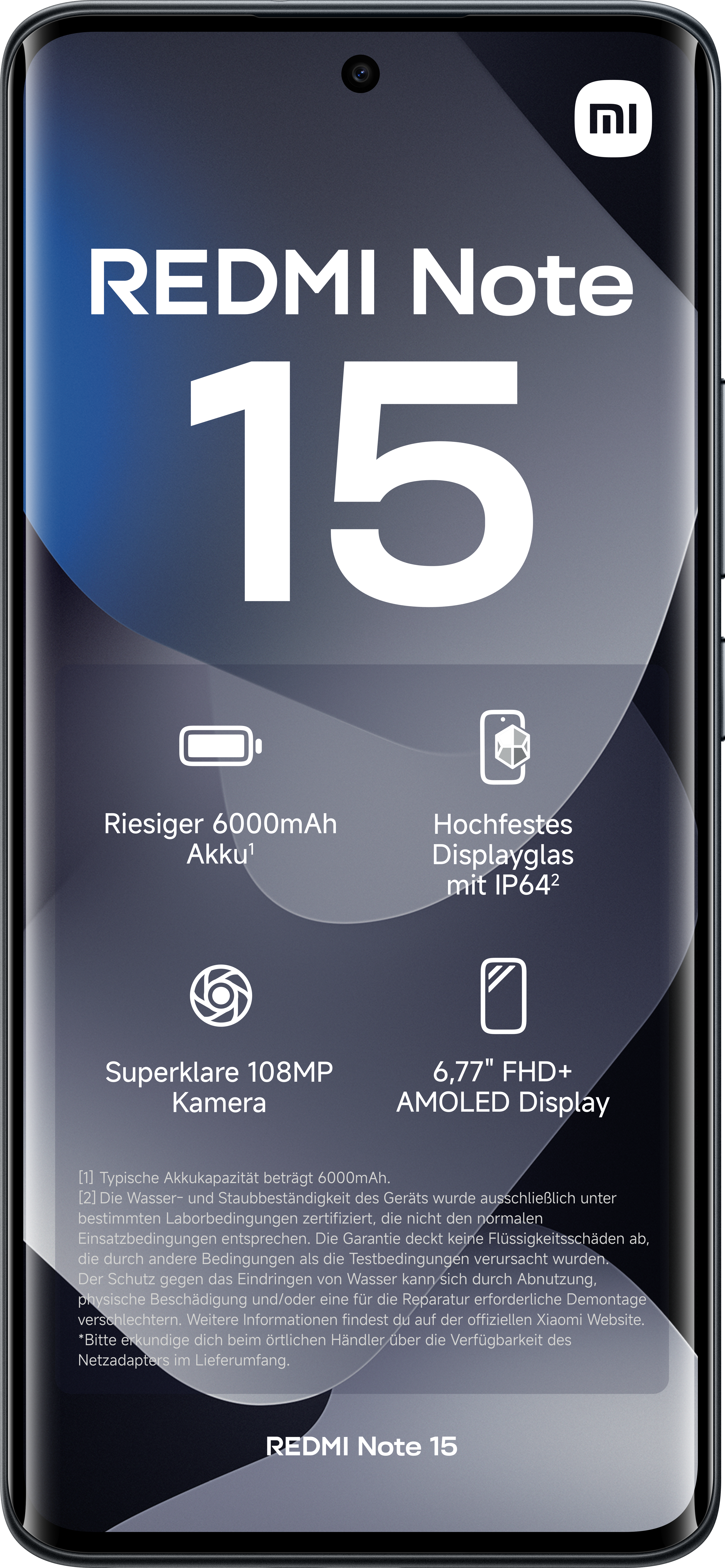 L'immagine mostra un telefono Redmi Note 15 nero. Le caratteristiche includono una batteria da 6000 mAh, una fotocamera da 108 MP e un display AMOLED da 6,77".