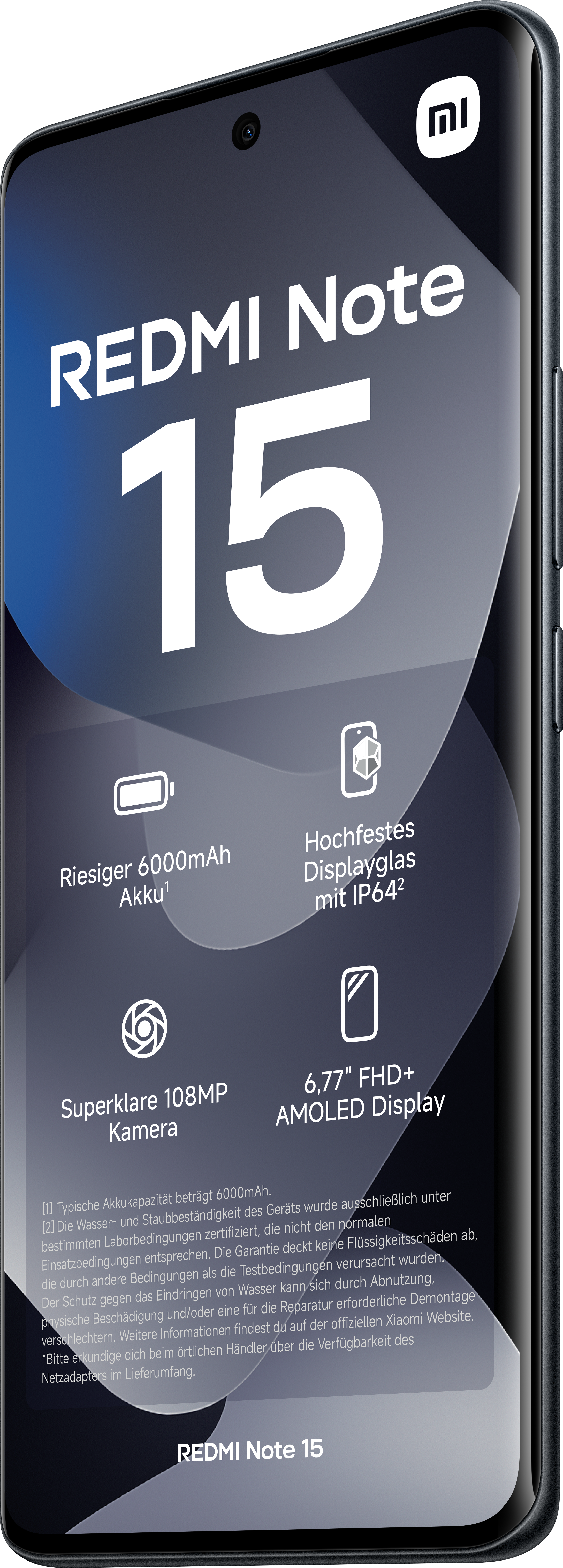 Uno schermo di smartphone mostra 'REDMI Note 15', funzionalità e icone. Viene mostrato un telefono nero con fotocamera.