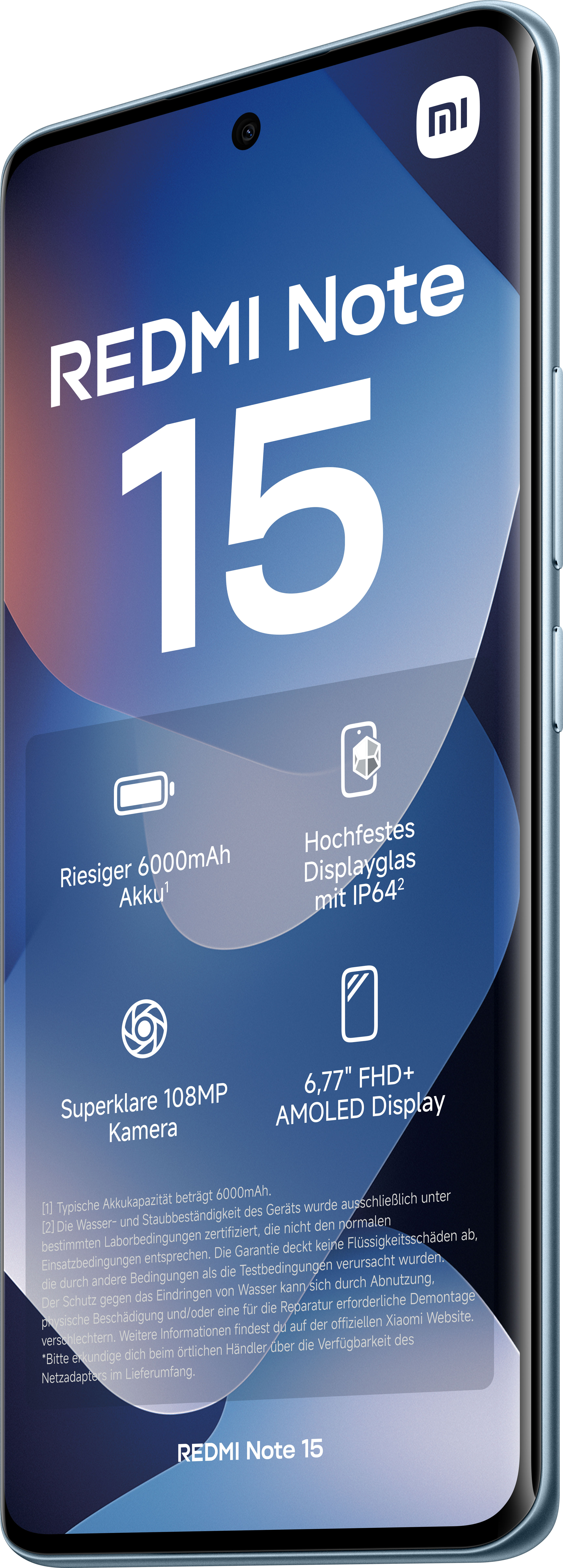 Ein Smartphone mit der Aufschrift „REDMI Note 15“ verfügt über ein großes Display und mehrere Symbole.