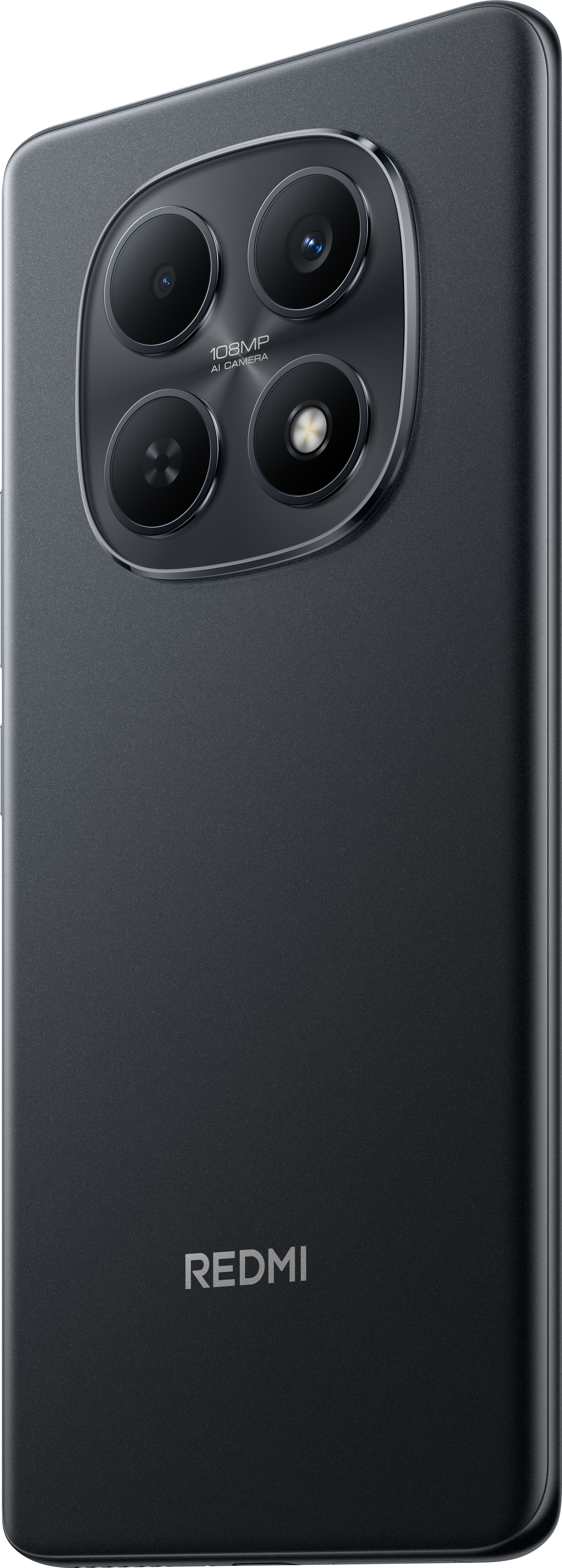Retro del smartphone Redmi grigio scuro. Quattro obiettivi in un ovale nero. Il testo 'REDMI' è in basso.