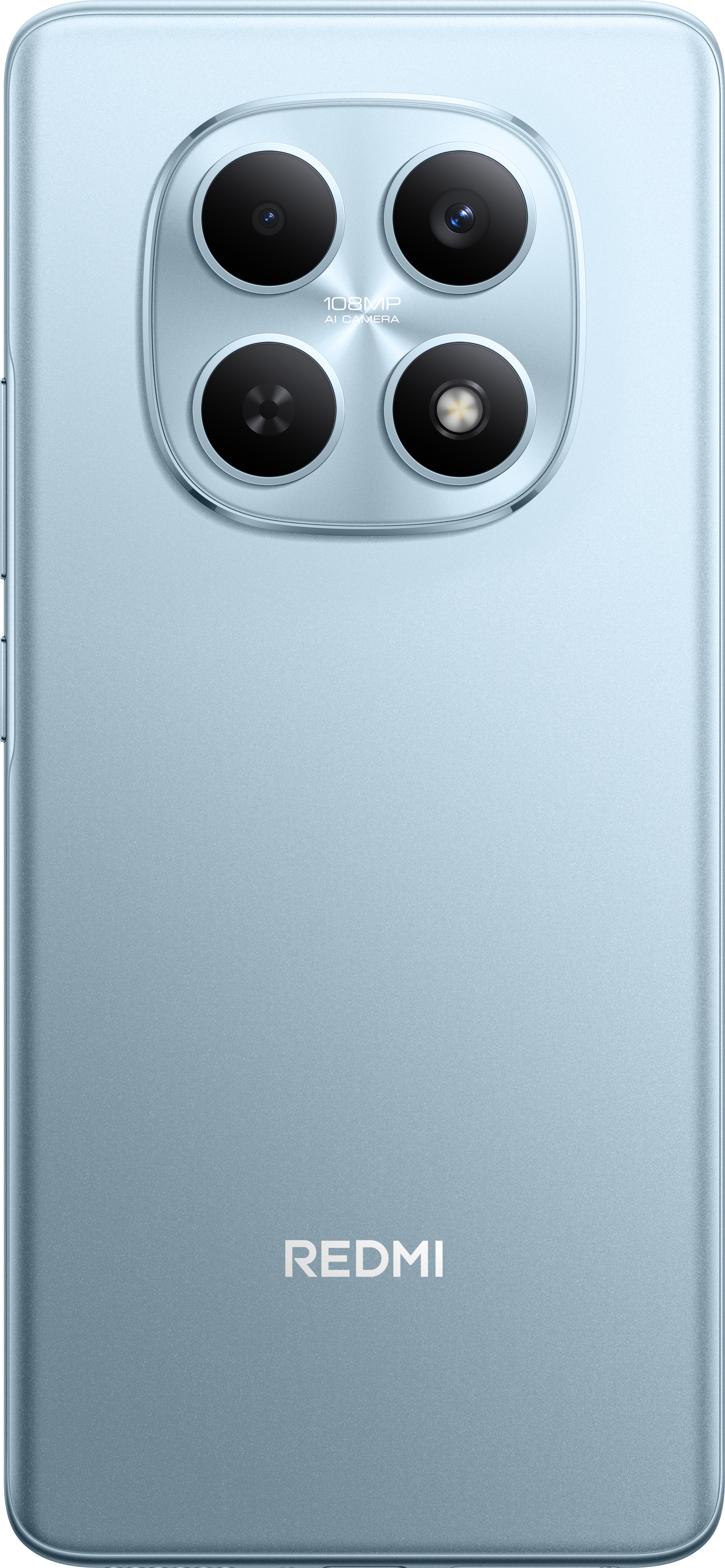 Hellblaues Redmi-Handy-Rückseite. Vier Kameralinsen in einem silbernen Oval. Redmi-Logo unten.