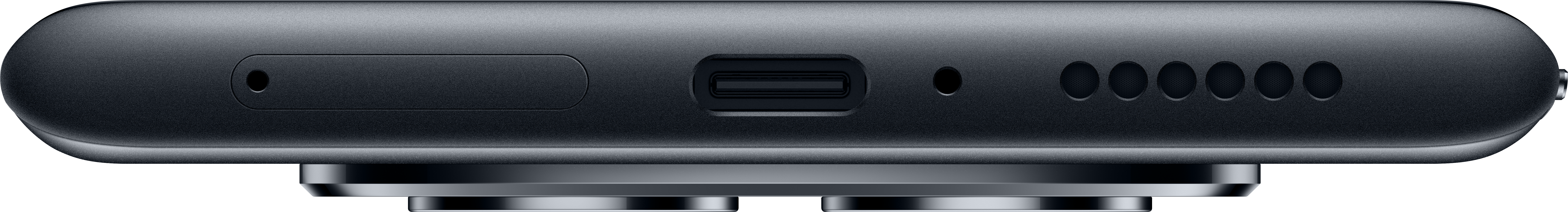 Primo piano del bordo inferiore di un dispositivo grigio scuro. Ha un vassoio SIM, porta USB-C, microfono e fori per altoparlanti.