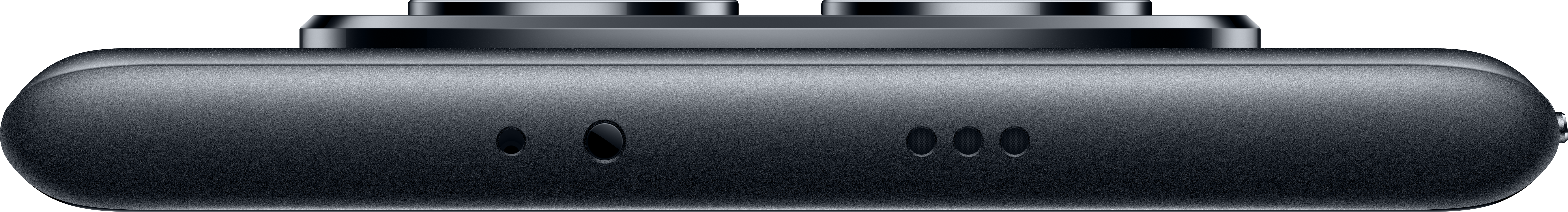 Primo piano di un dispositivo grigio scuro che mostra due lenti superiori, un pannello laterale con fori e un bordo arrotondato.