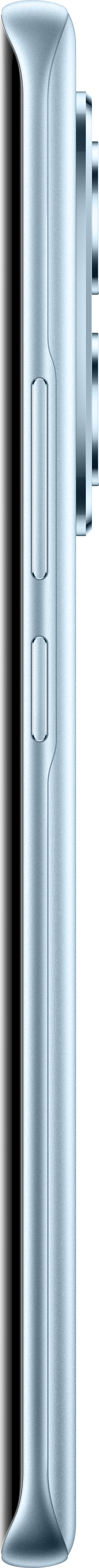 Seitenansicht eines hellblauen Smartphones. Es hat Lautstärke- und Ein-/Aus-Tasten. Der Kamerabuckel ist sichtbar.