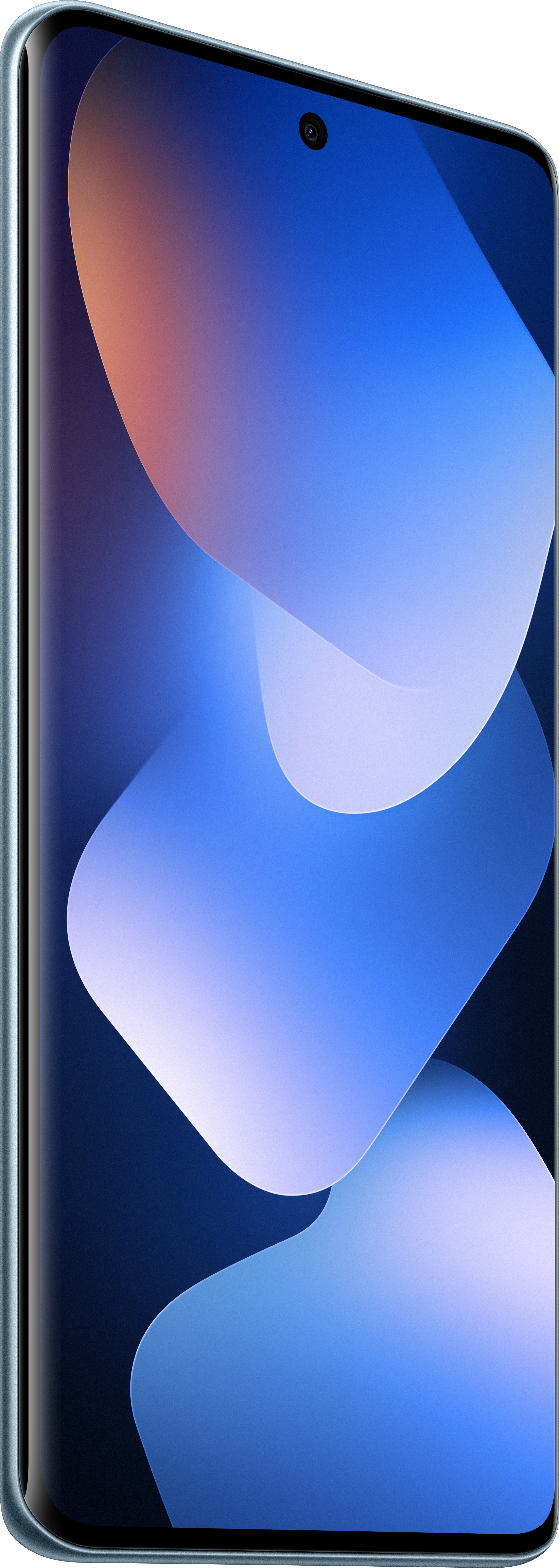 Ein Smartphone-Bildschirm zeigt abstrakte blaue Formen. Oben befindet sich eine schwarze Kamera. Das Telefon hat einen blauen Rahmen.