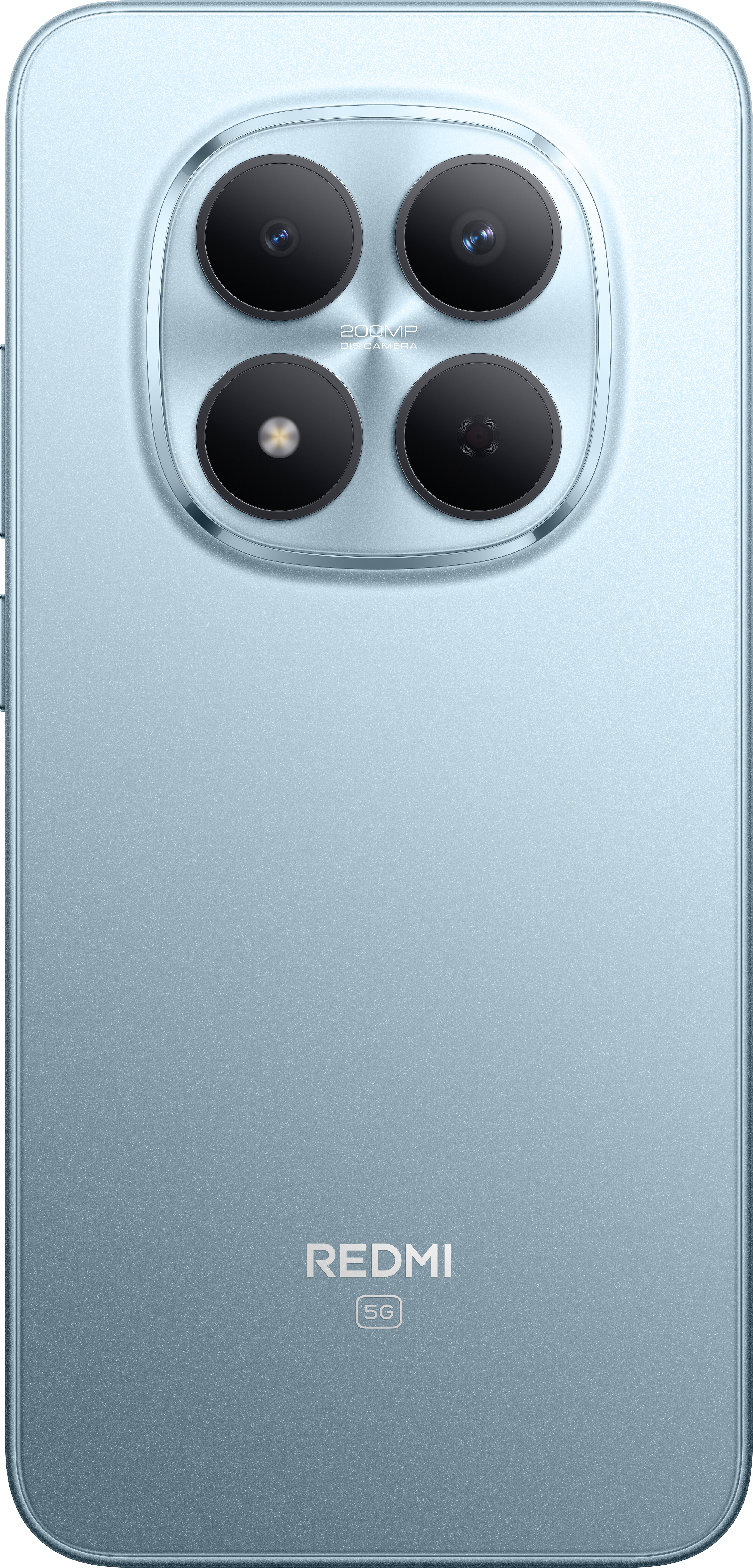 Eine hellblaue Smartphone-Rückseite mit vier Kameralinsen und einem Redmi-Logo. Es hat ein 5G-Logo.