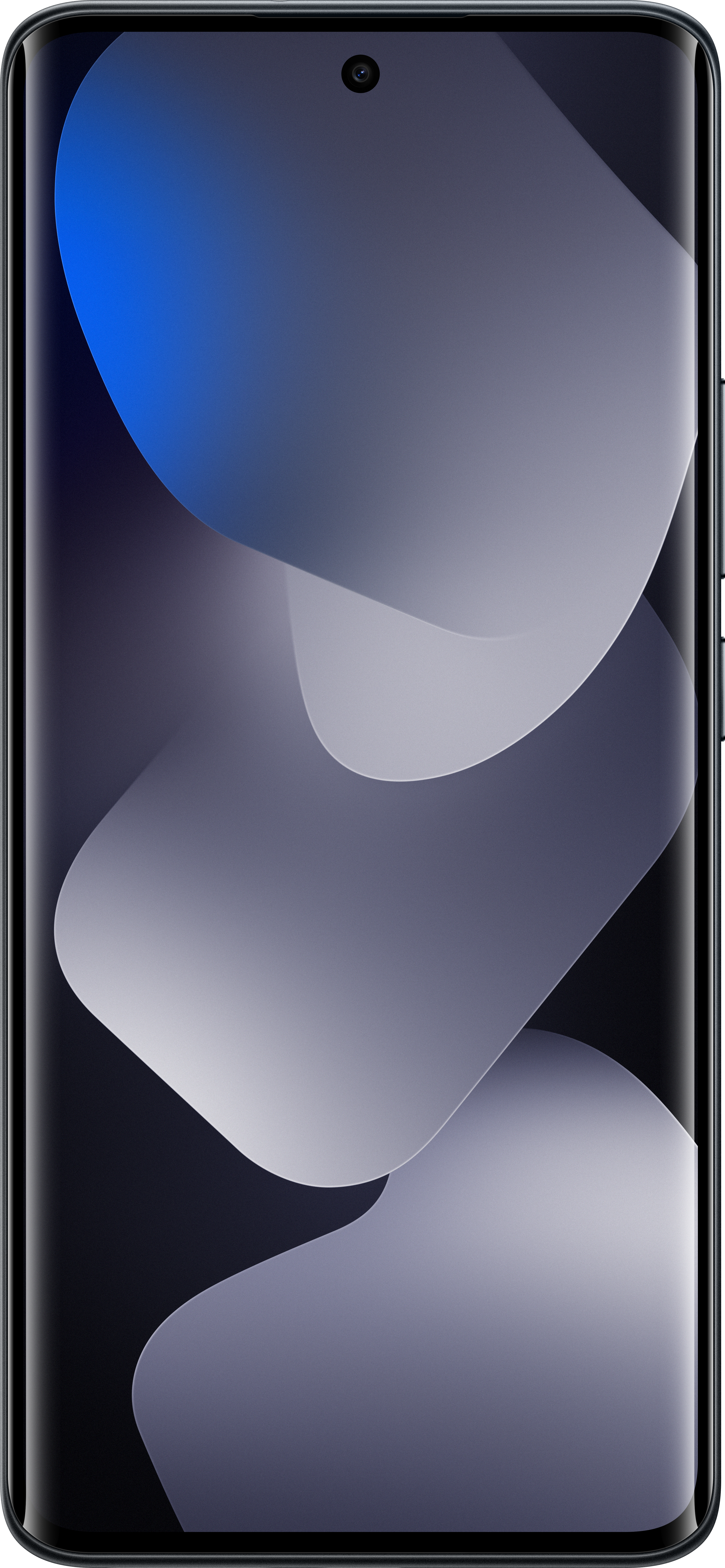 Smartphone con schermo curvo che mostra un design astratto, a strati, grigio chiaro e blu su sfondo nero.