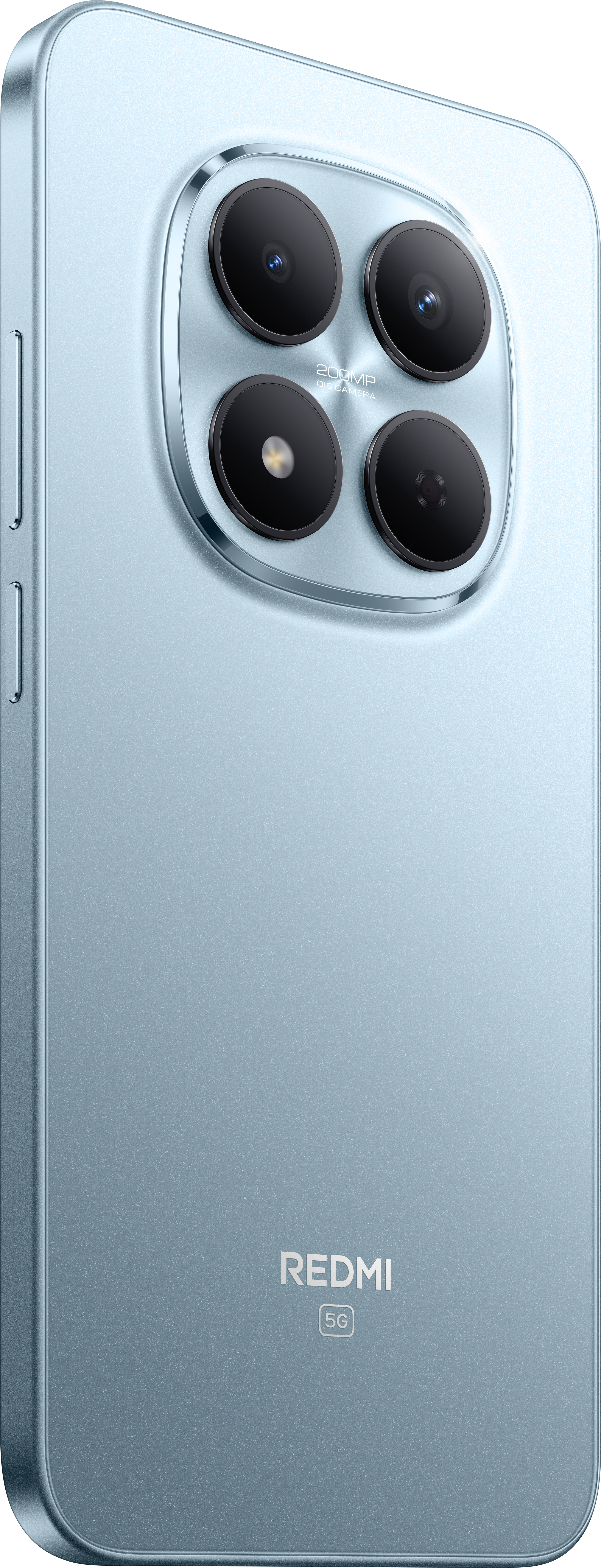 Rückseite eines hellblauen Smartphones mit vier Kameras und dem Redmi-Logo.