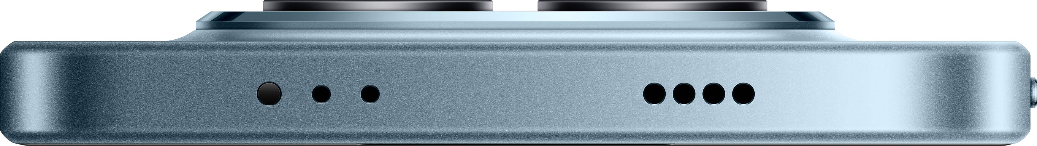 Nahaufnahme eines blau-grauen Geräts mit Lautsprecherlöchern und kreisförmigen Merkmalen auf schwarzem Hintergrund.