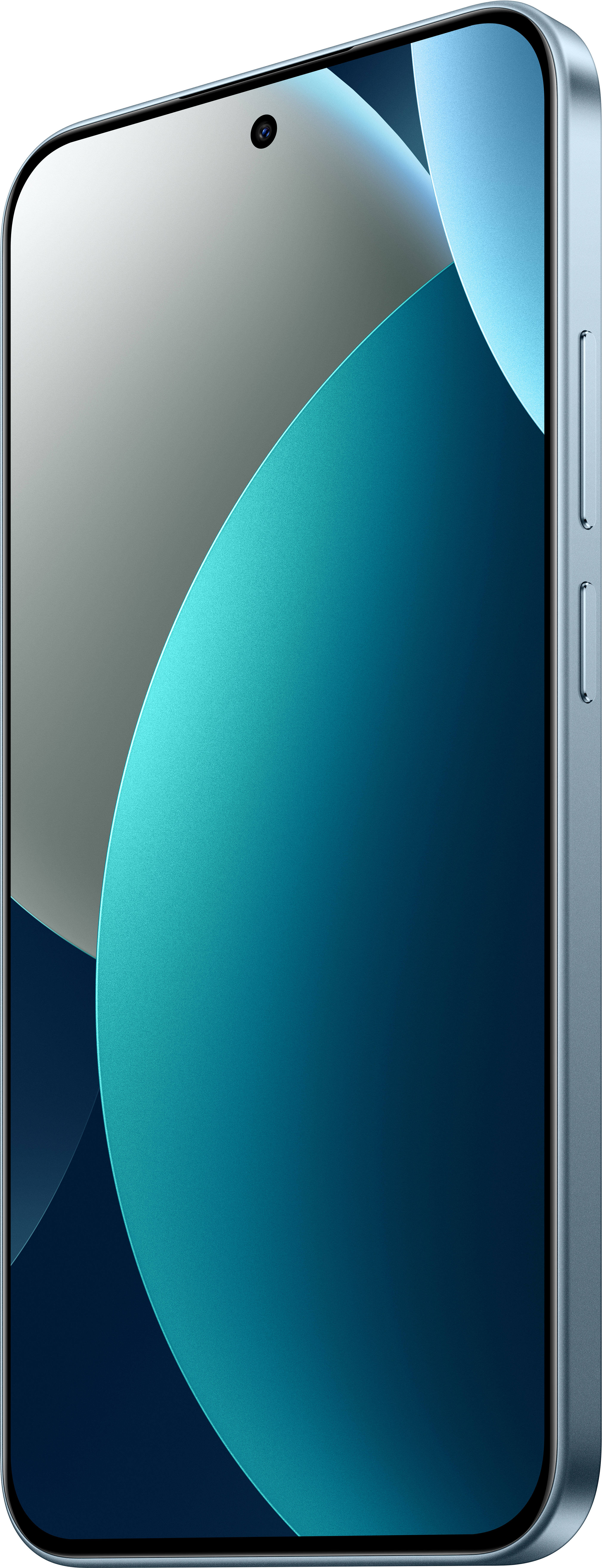 Ein Smartphone mit gebogenem Bildschirm. Es hat ein blau-grünes Farbverlaufsdisplay. Der Rahmen ist hellblau mit Tasten.