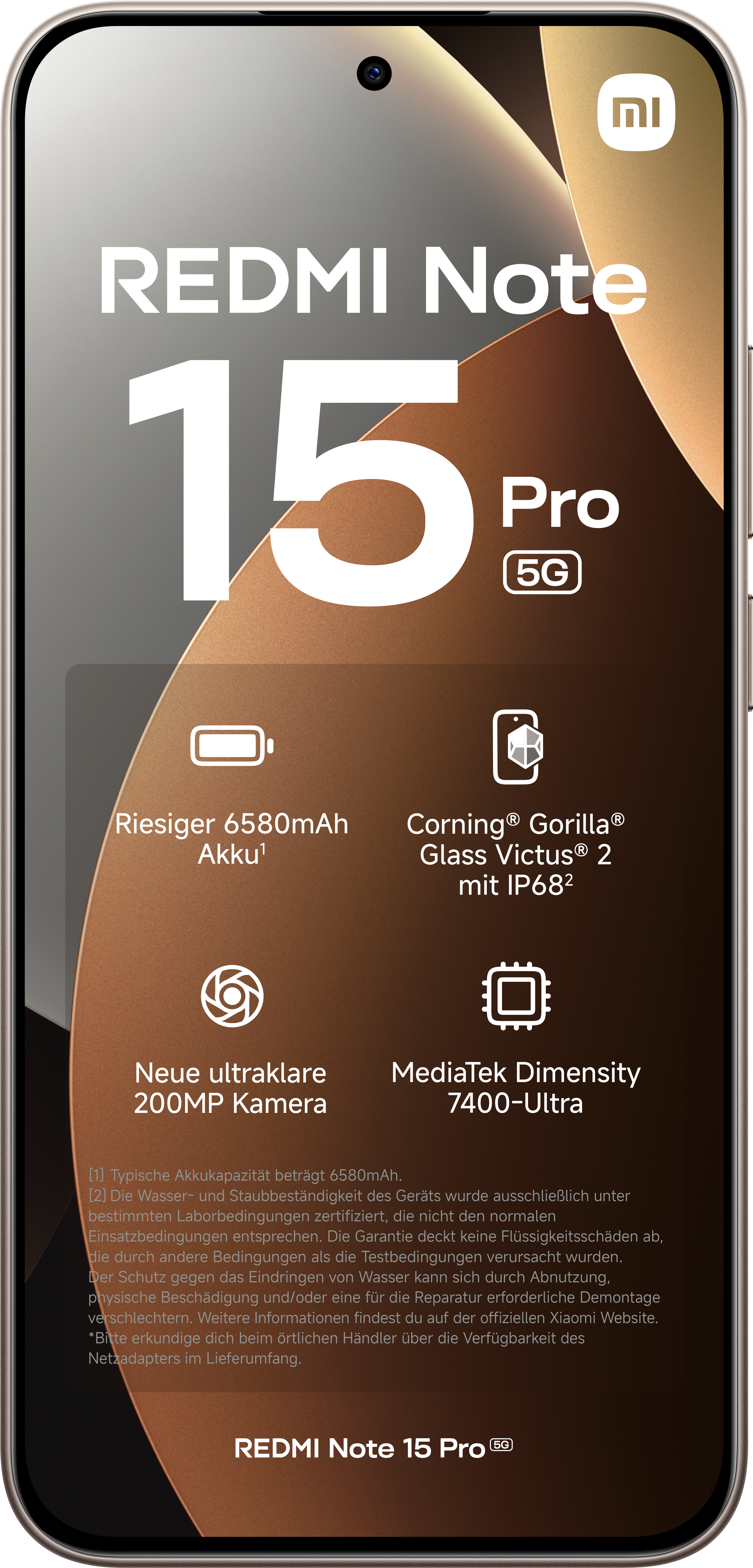 Ein Telefonbildschirm mit den Funktionen des Redmi Note 15 Pro 5G: Akku, Kamera und Prozessorspezifikationen.