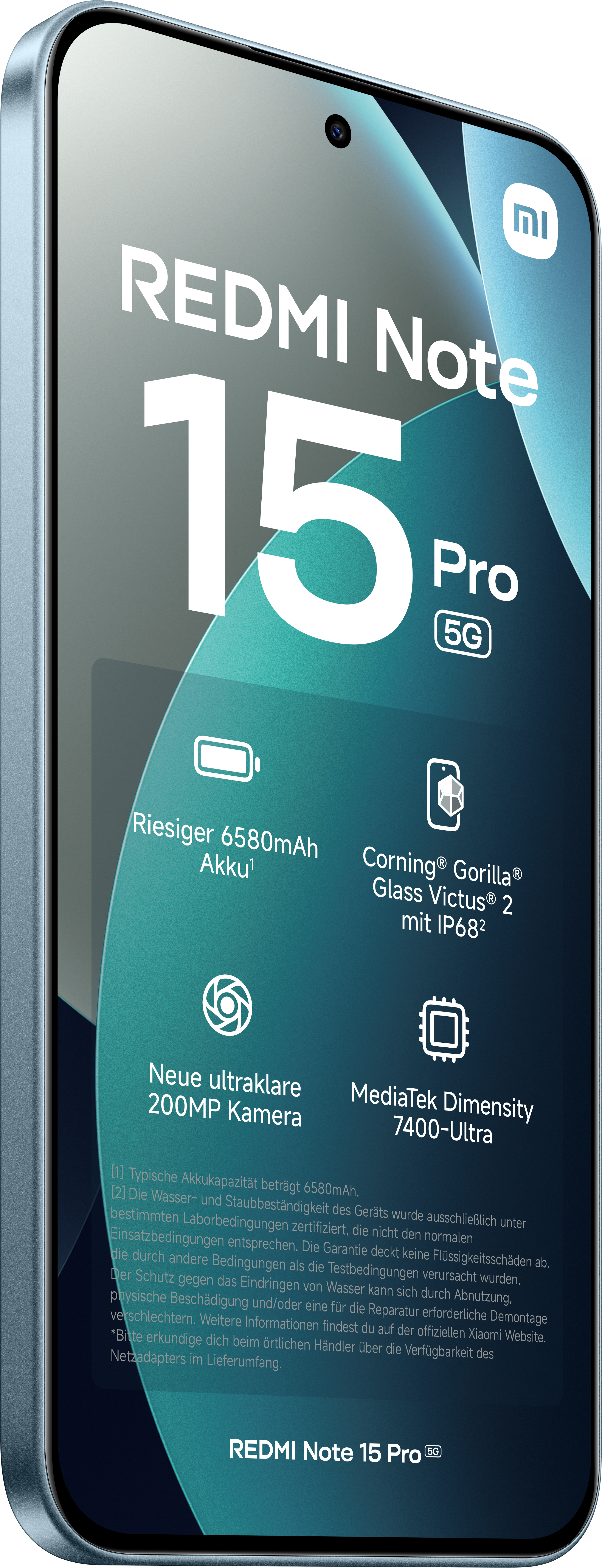 Werbung für ein Redmi Note 15 Pro 5G Telefon. Zu den Merkmalen gehören ein großer Akku, Gorilla Glass und eine 200MP Kamera.
