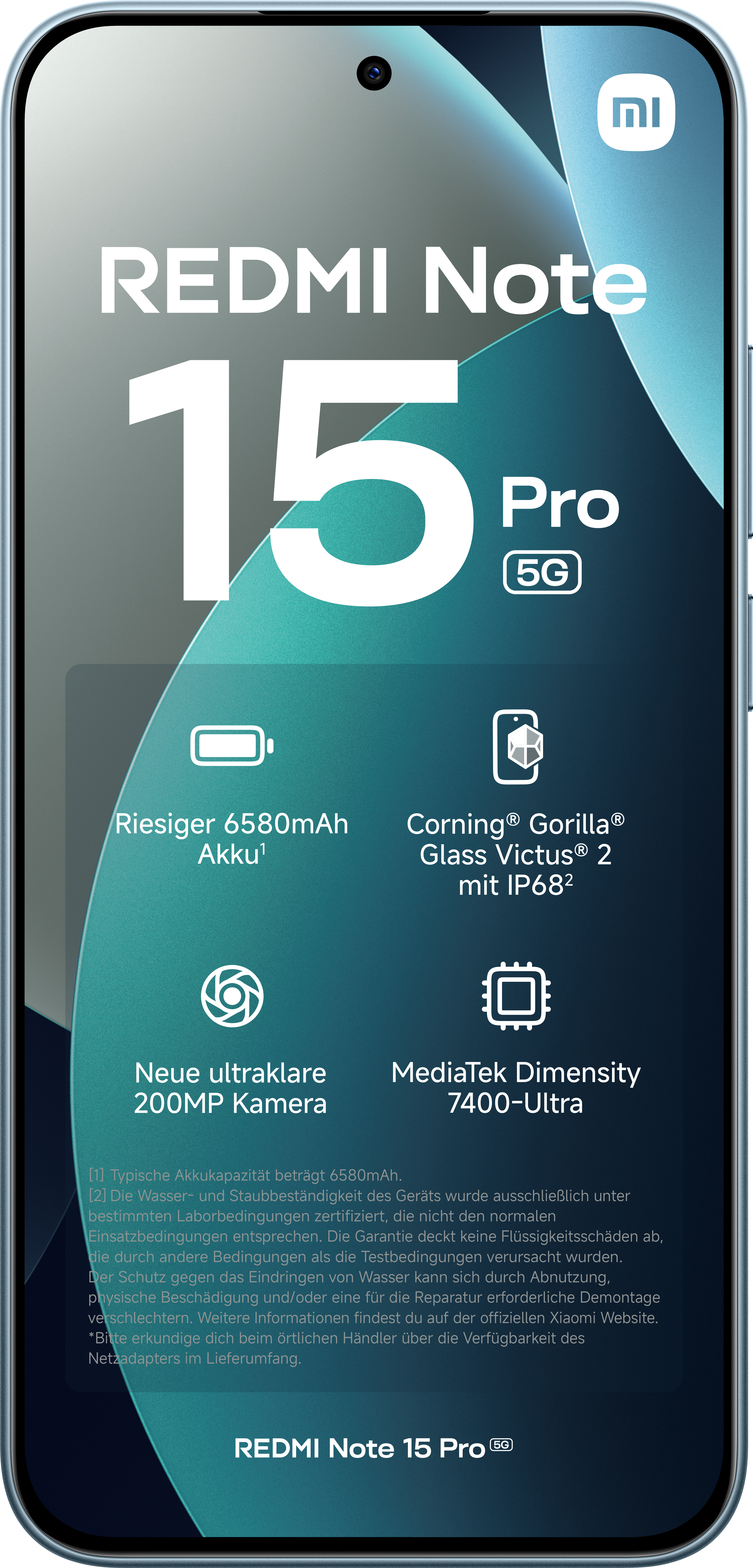 Ein Smartphone-Bildschirm zeigt 'Redmi Note 15 Pro 5G' mit Merkmalen wie Akku, Kamera, Glas und Prozessor.