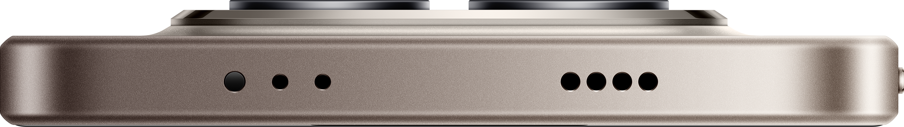 Nahaufnahme der Seite eines Telefons. Es hat Lautsprecherlöcher, Knöpfe und ein strukturiertes Metallic-Finish in Bronze.