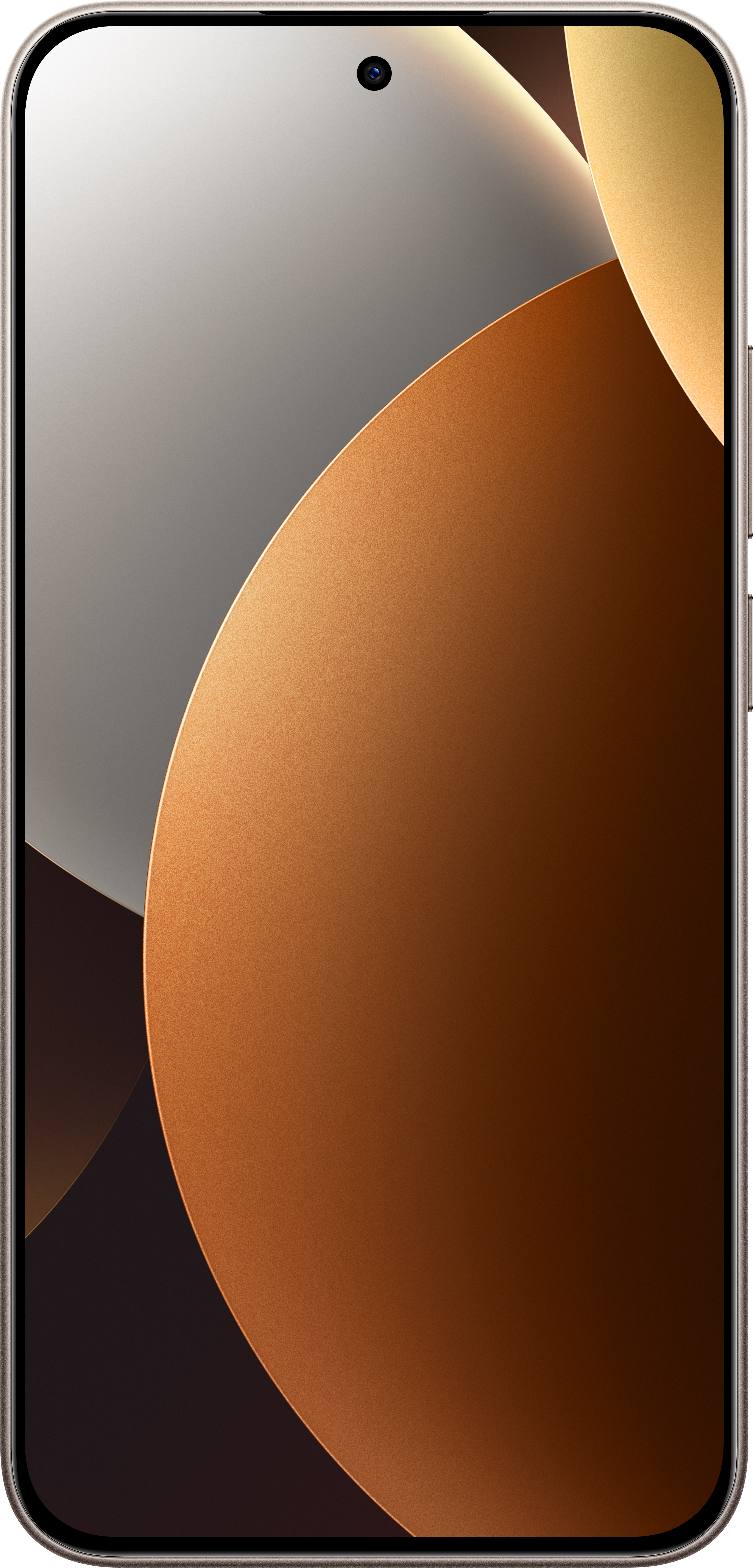 Ein Smartphone-Bildschirm mit einem abstrakten Design aus braunen, goldenen und grauen geschwungenen Formen. Oben ist eine Kamera.