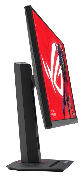 Czarny monitor komputera z czerwonym wyświetlaczem, pokazującym białe logo i postać.