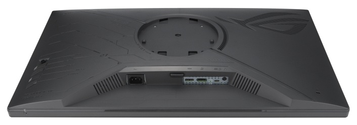 Tył czarnego monitora komputera. Posiada porty, wejście zasilania i okrągły uchwyt.